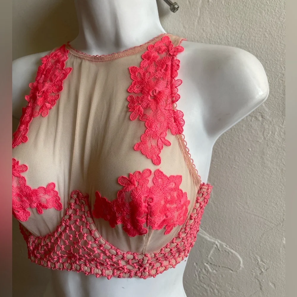 Victoria's Secret Sheer Nude Mesh Bralette with Coral Pink Lace
